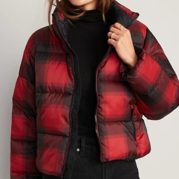 Old Navy Women's SZ L Red Black Plaid Water Resistant Short Lined Puffer Jacket - Picture 1 of 14